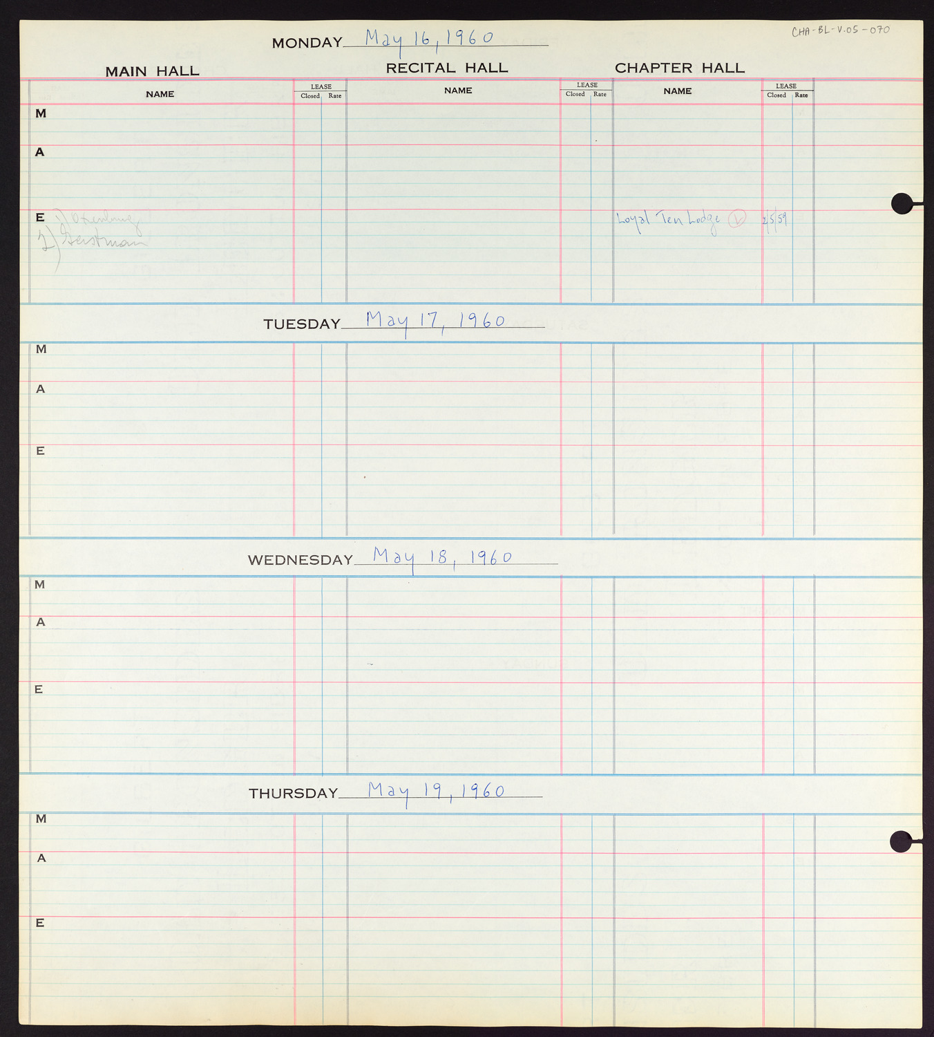 Carnegie Hall Booking Ledger, volume 5, page 70