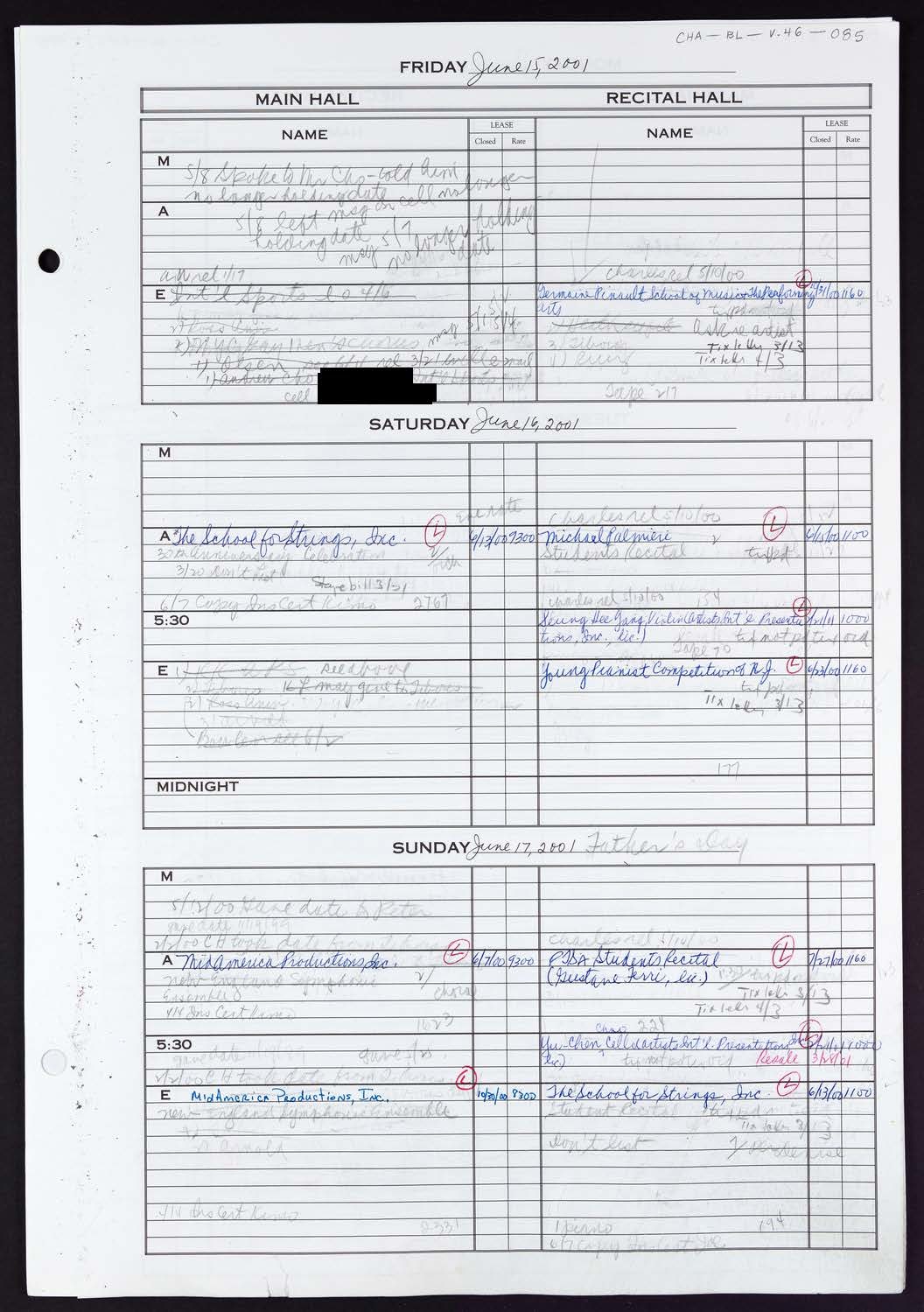 Carnegie Hall Booking Ledger, volume 46, page 85