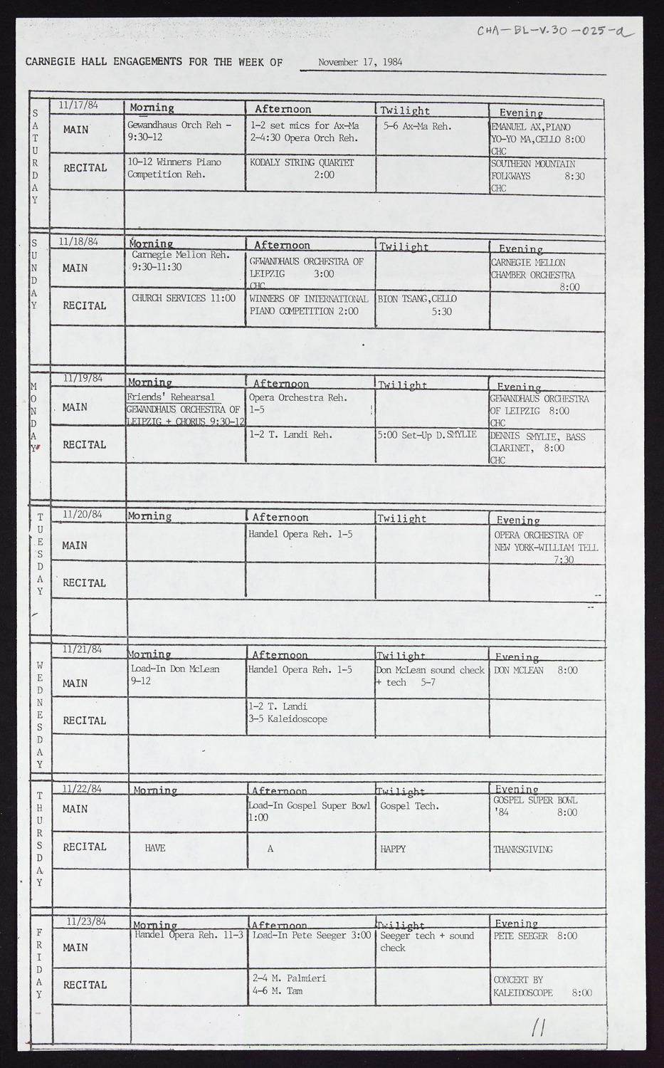 Carnegie Hall Booking Ledger, volume 30, page 25a