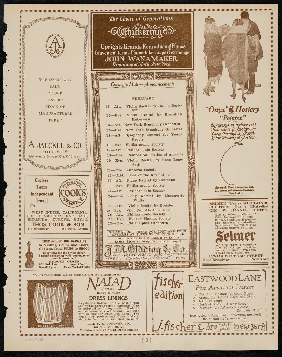 Sergei Rachmaninoff, Piano, February 14, 1922, program page 3