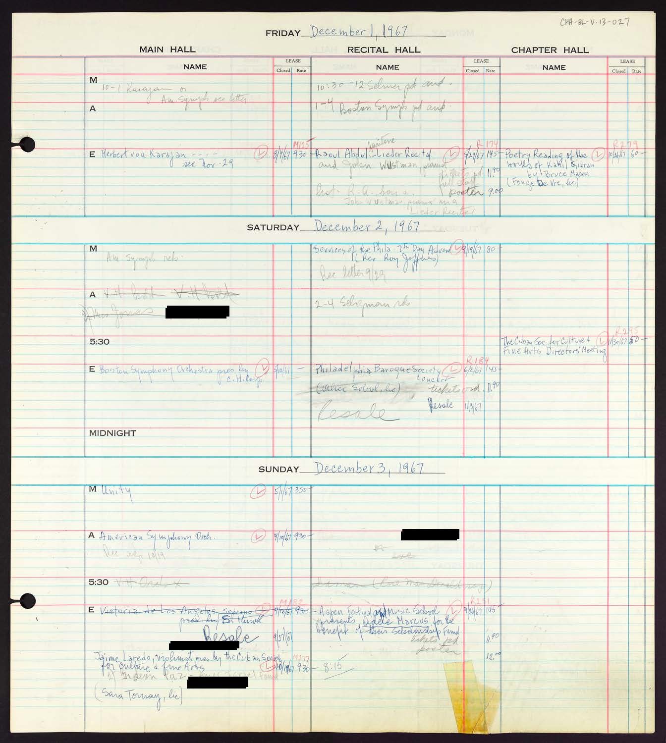 Carnegie Hall Booking Ledger, volume 13, page 27