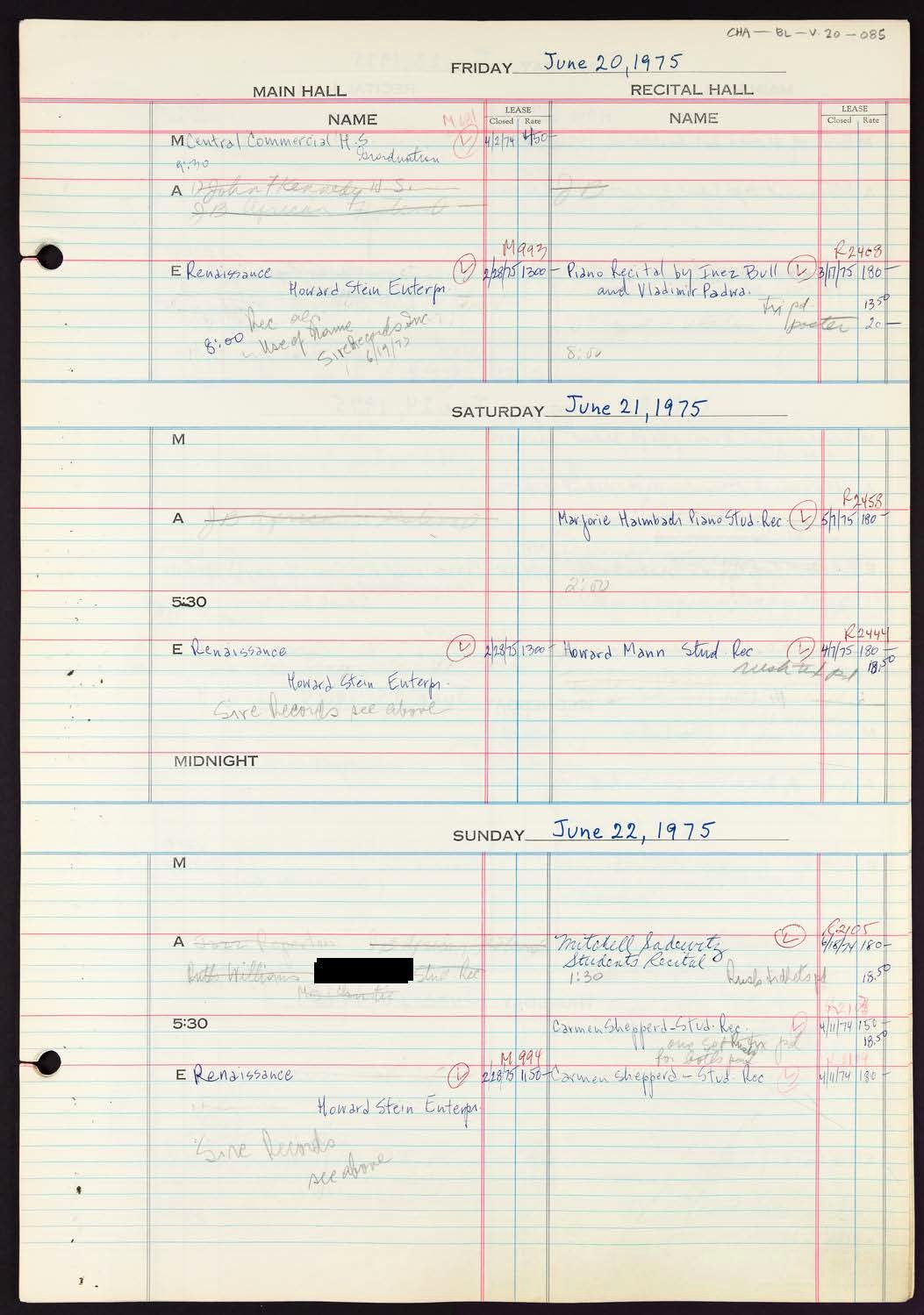 Carnegie Hall Booking Ledger, volume 20, page 85