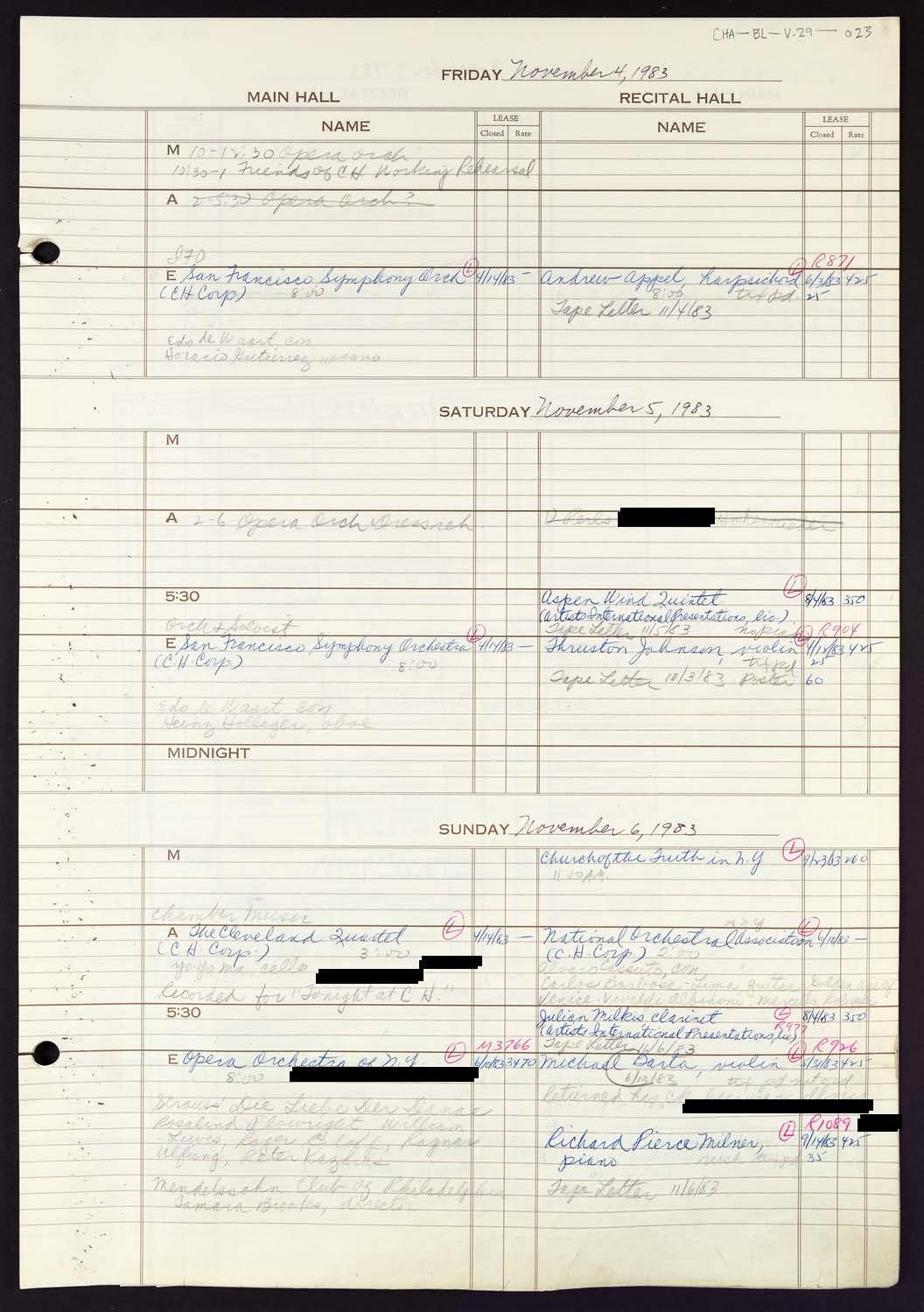 Carnegie Hall Booking Ledger, volume 29, page 23