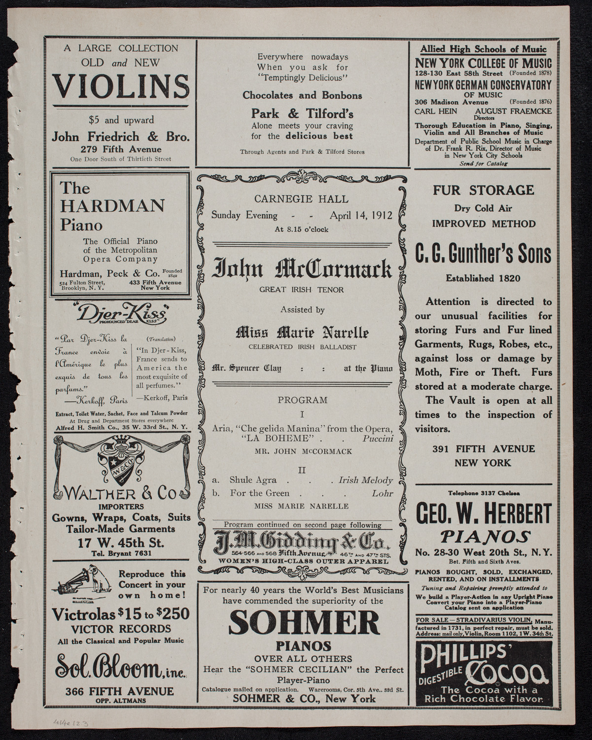 John McCormack, Tenor, April 14, 1912, program page 5