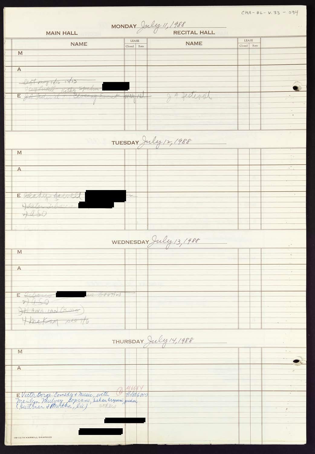 Carnegie Hall Booking Ledger, volume 33, page 94