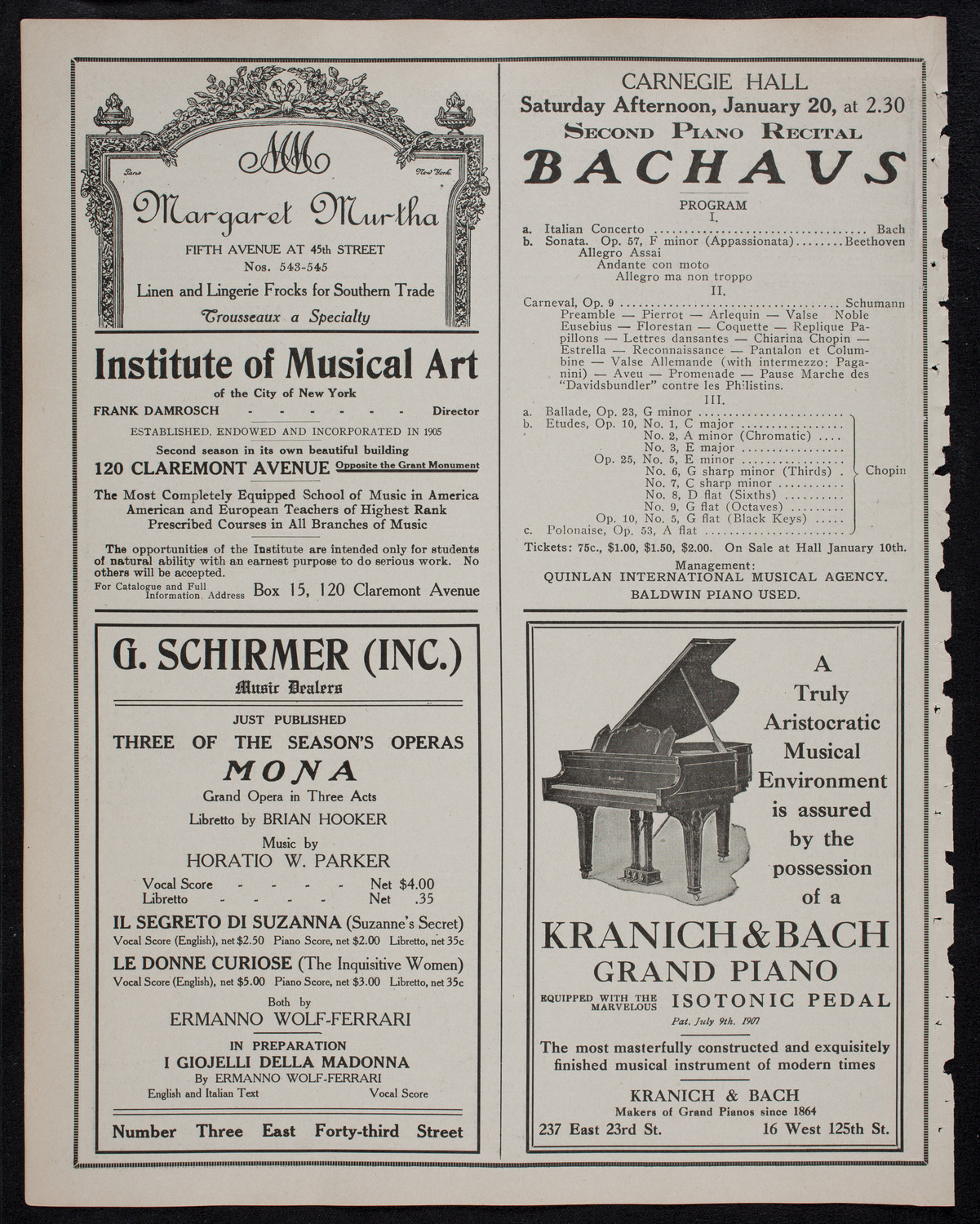 Harold Bauer, Piano, January 17, 1912, program page 6