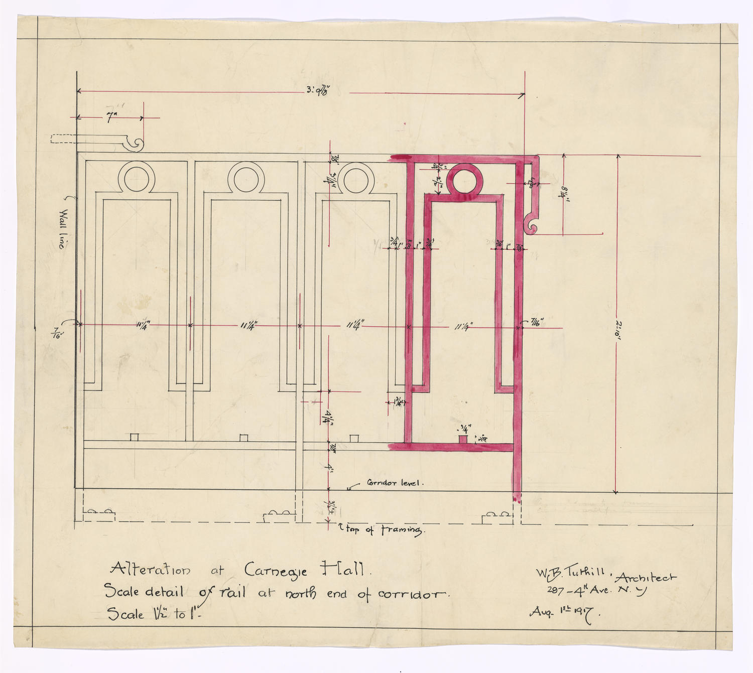 Scale detail of rail at north end of corridor, August 1, 1917