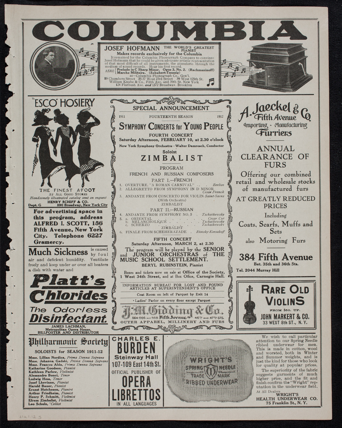 New York Philharmonic, January 21, 1912, program page 9