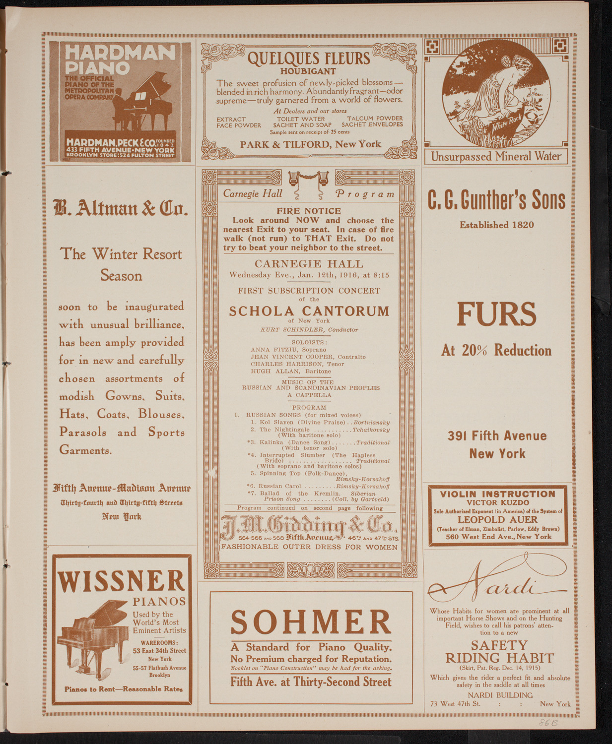 Schola Cantorum of New York, January 12, 1916, program page 5
