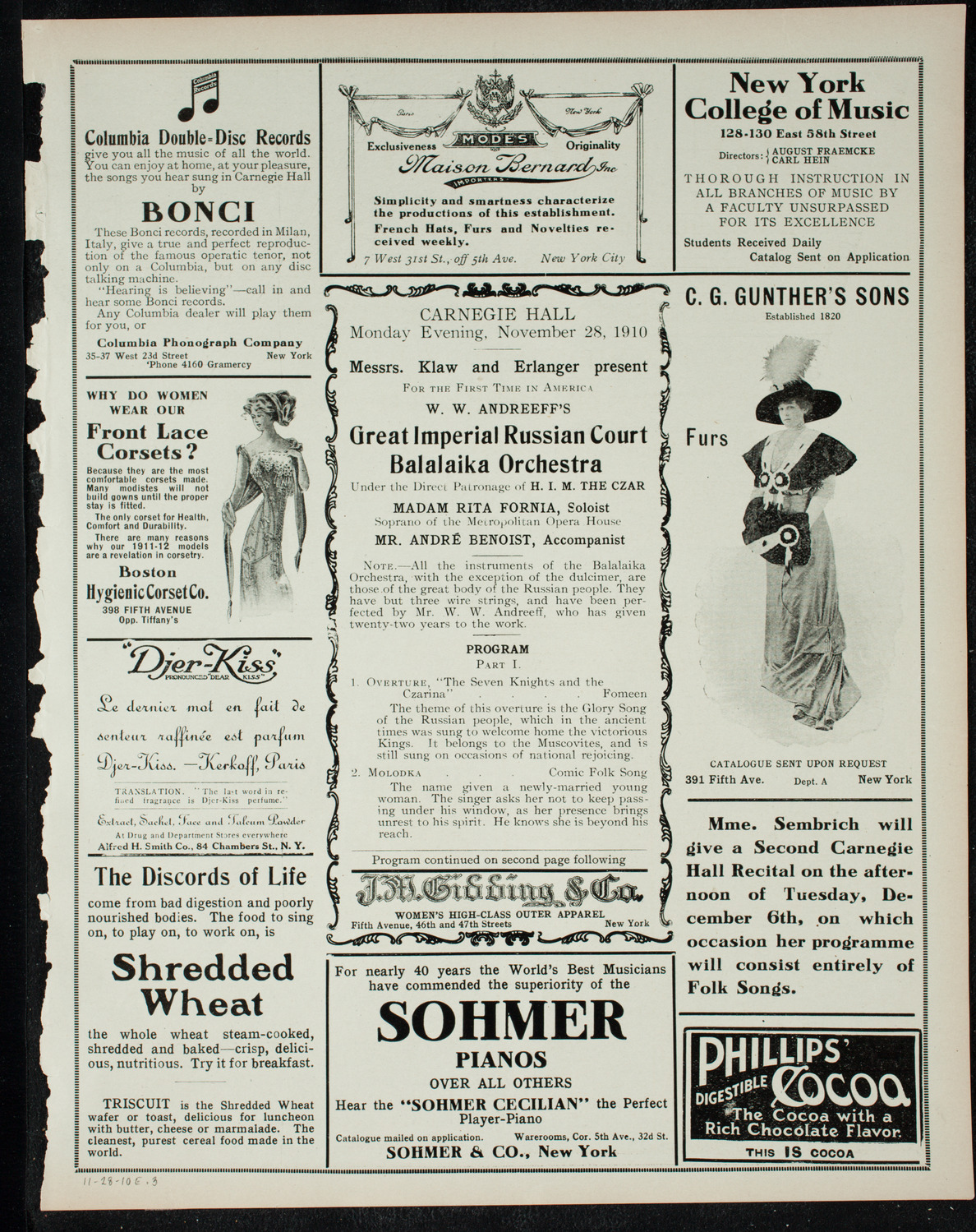 Great Imperial Russian Court Balalaika Orchestra, November 28, 1910, program page 5