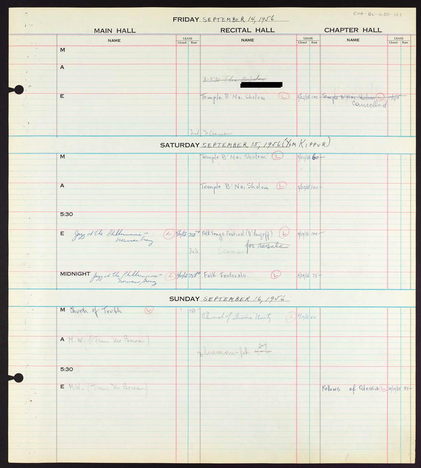 Carnegie Hall Booking Ledger, volume 1, page 103