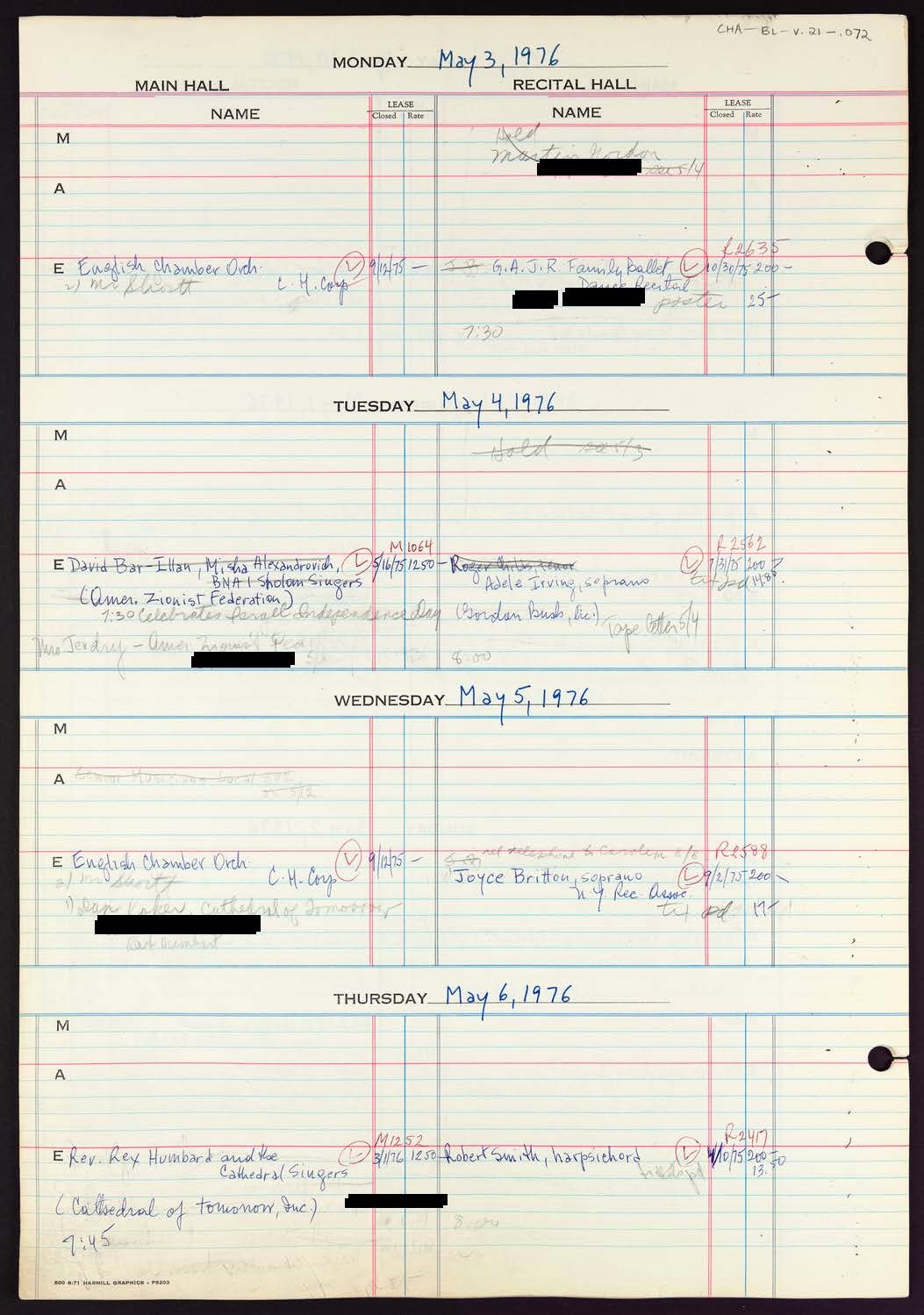 Carnegie Hall Booking Ledger, volume 21, page 72