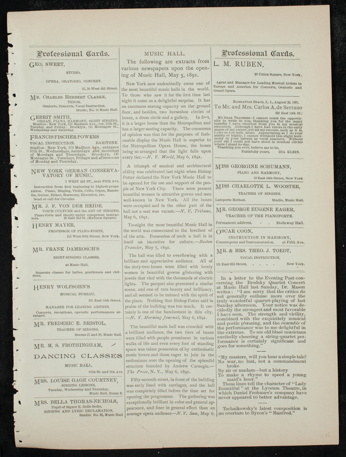 New York Symphony String Quartet, January 3, 1892, program page 11