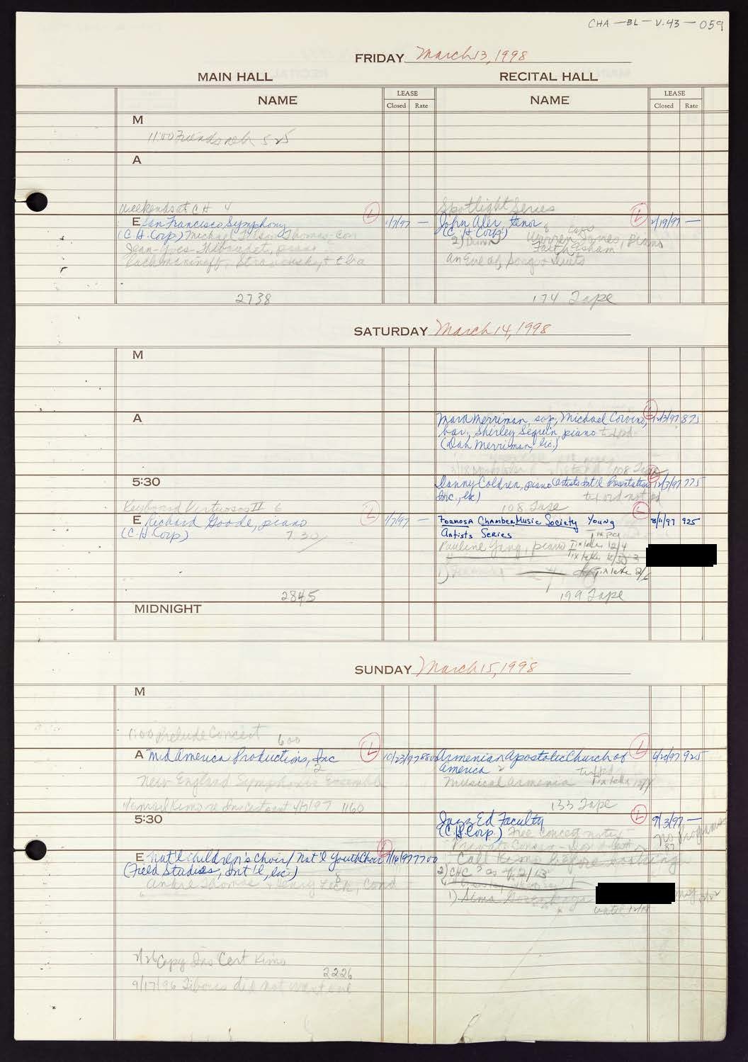 Carnegie Hall Booking Ledger, volume 43, page 59