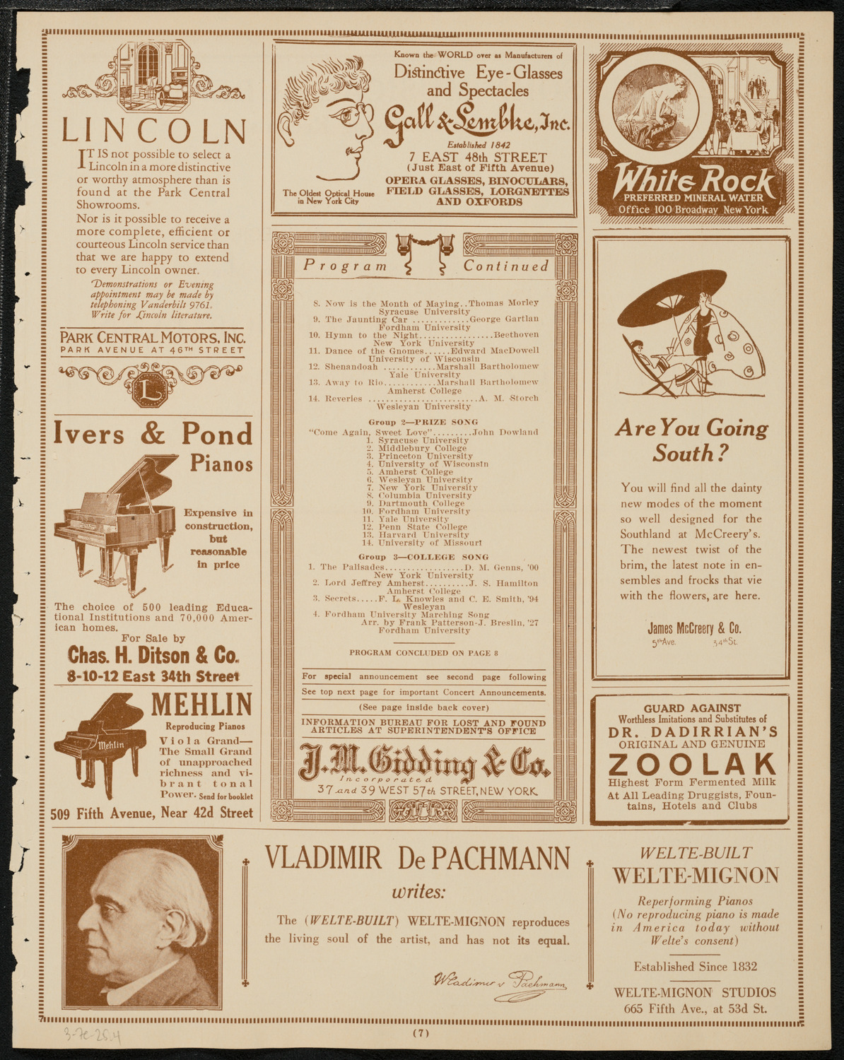 Ninth Annual Intercollegiate Glee Club Contest, March 7, 1925, program page 7