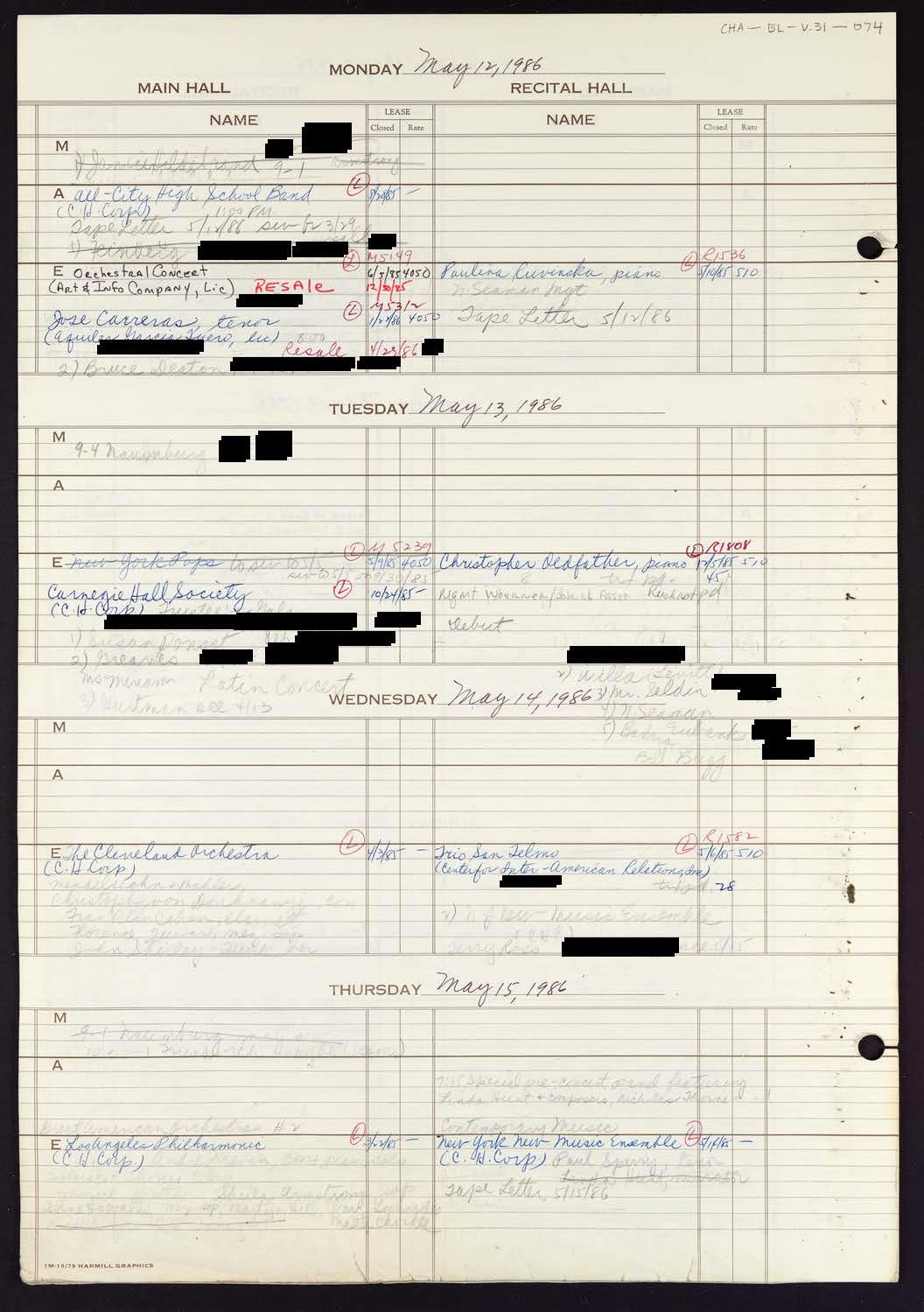 Carnegie Hall Booking Ledger, volume 31, page 74