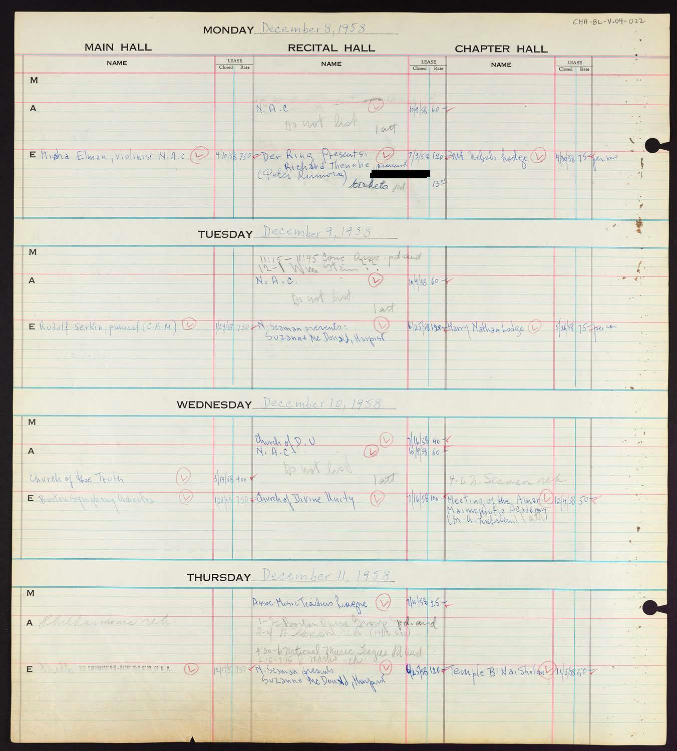 Carnegie Hall Booking Ledger, volume 4, page 22