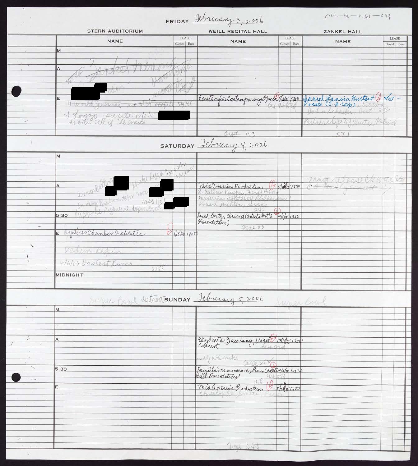 Carnegie Hall Booking Ledger, volume 51, page 49