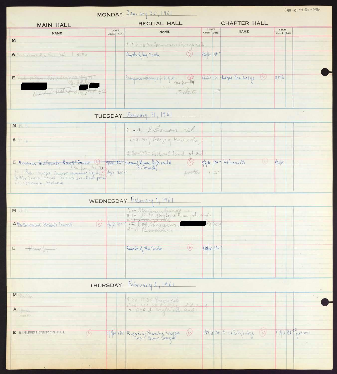 Carnegie Hall Booking Ledger, volume 6, page 36