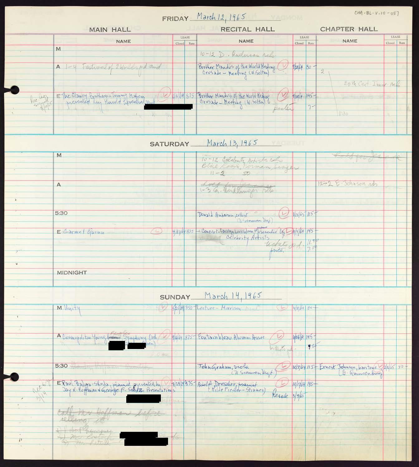 Carnegie Hall Booking Ledger, volume 10, page 57