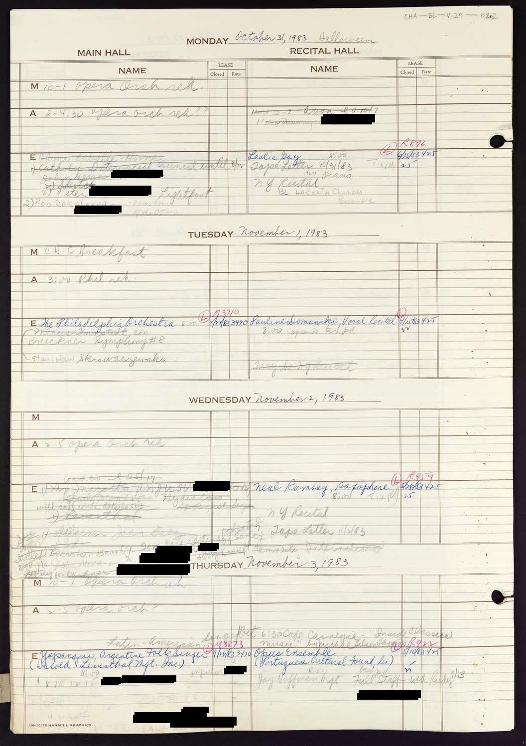 Carnegie Hall Booking Ledger, volume 29, page 22