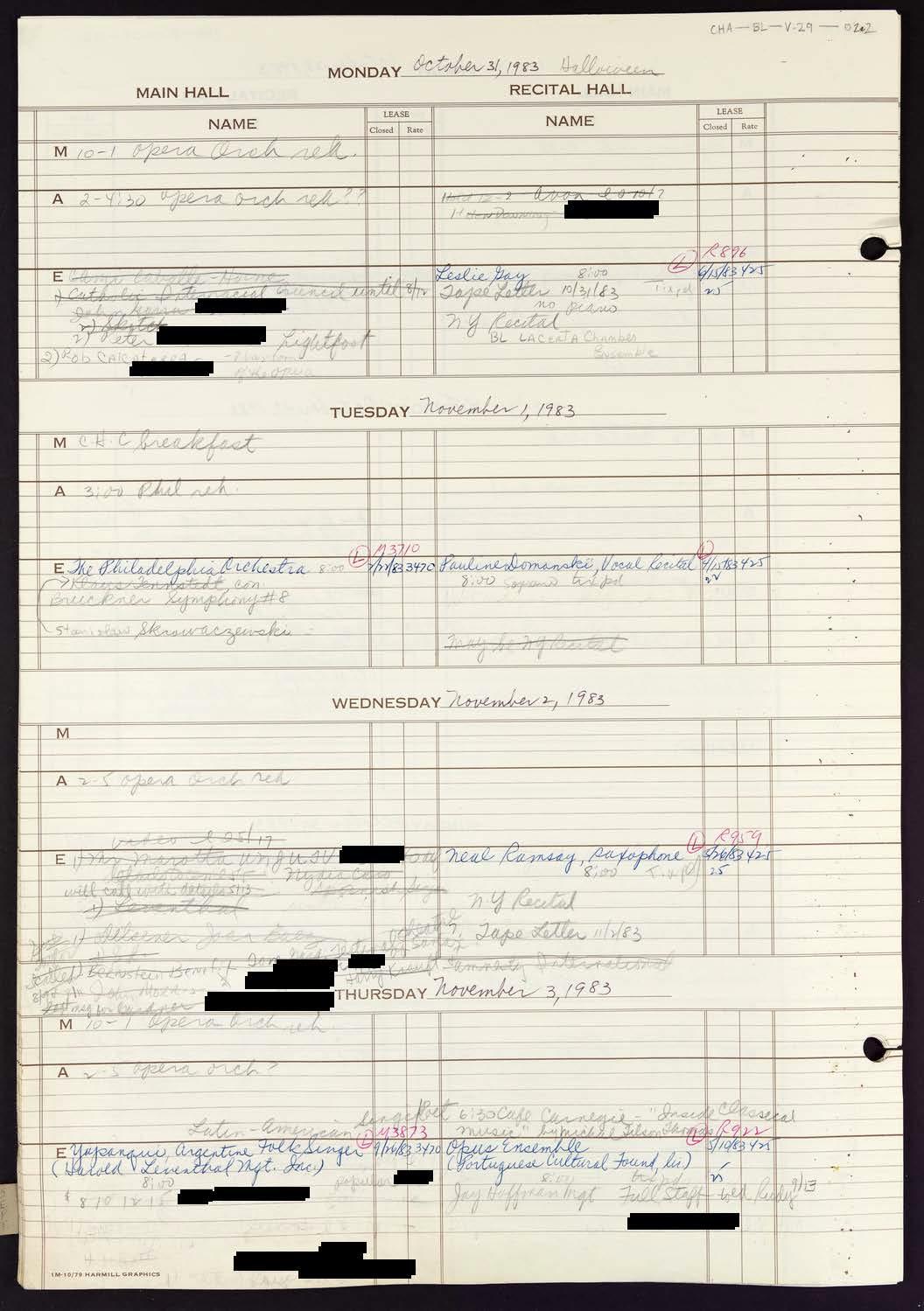 Carnegie Hall Booking Ledger, volume 29, page 22