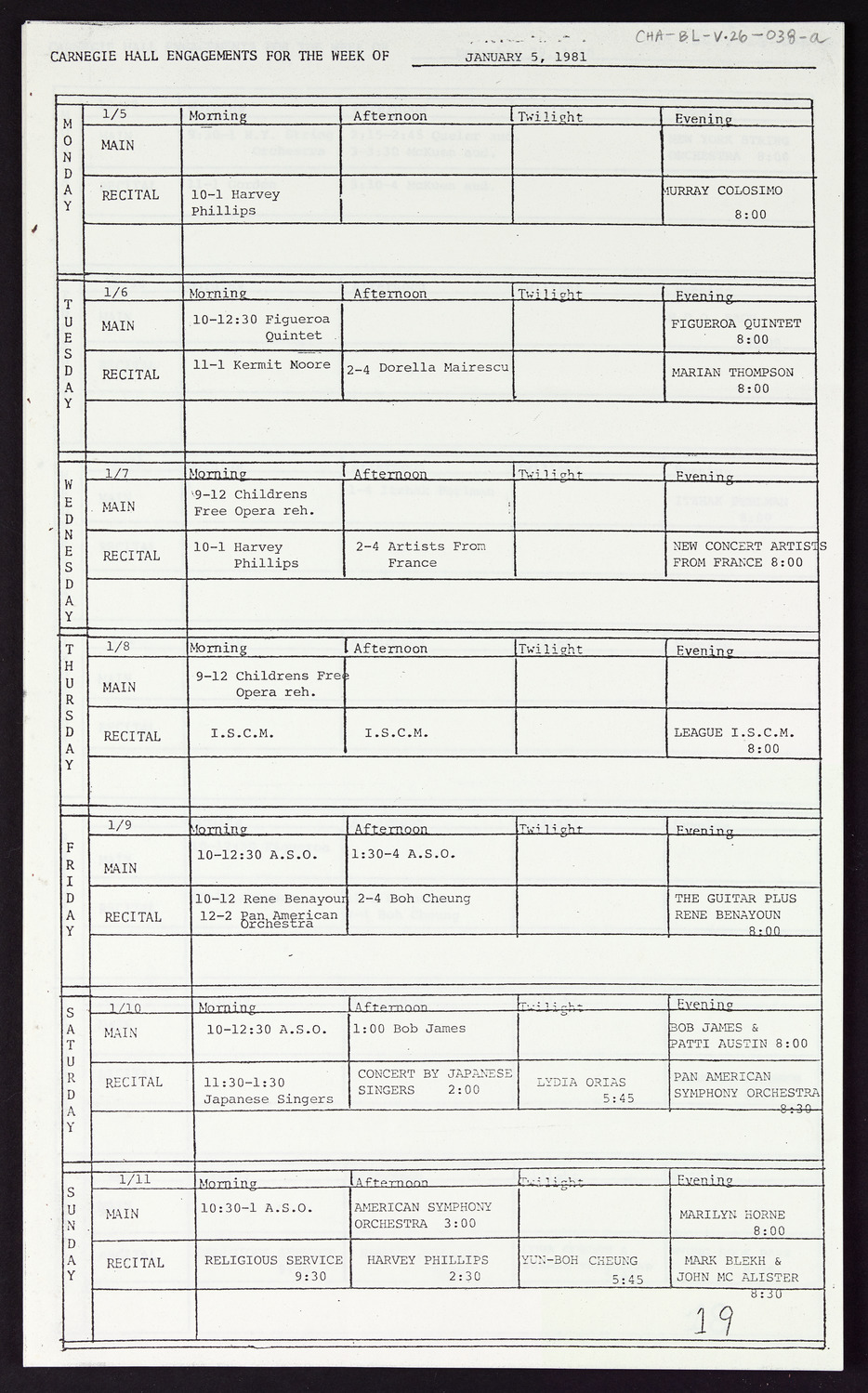 Carnegie Hall Booking Ledger, volume 26, page 38a