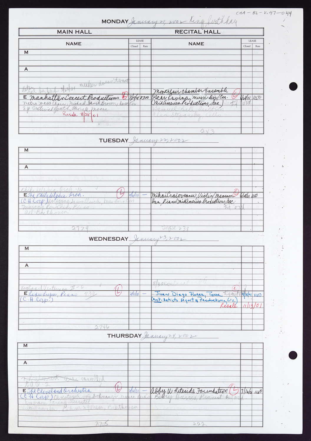 Carnegie Hall Booking Ledger, volume 47, page 44