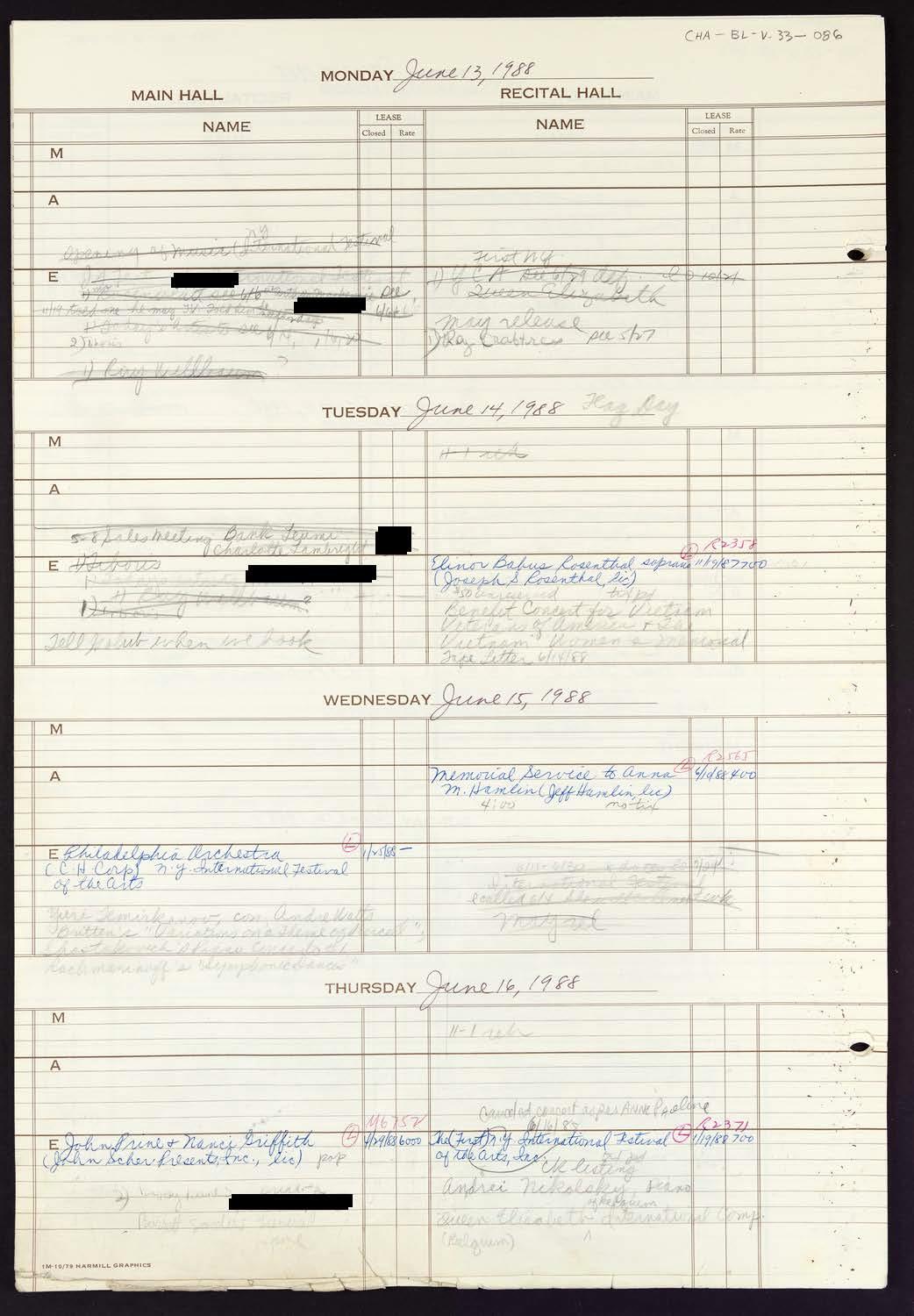 Carnegie Hall Booking Ledger, volume 33, page 86