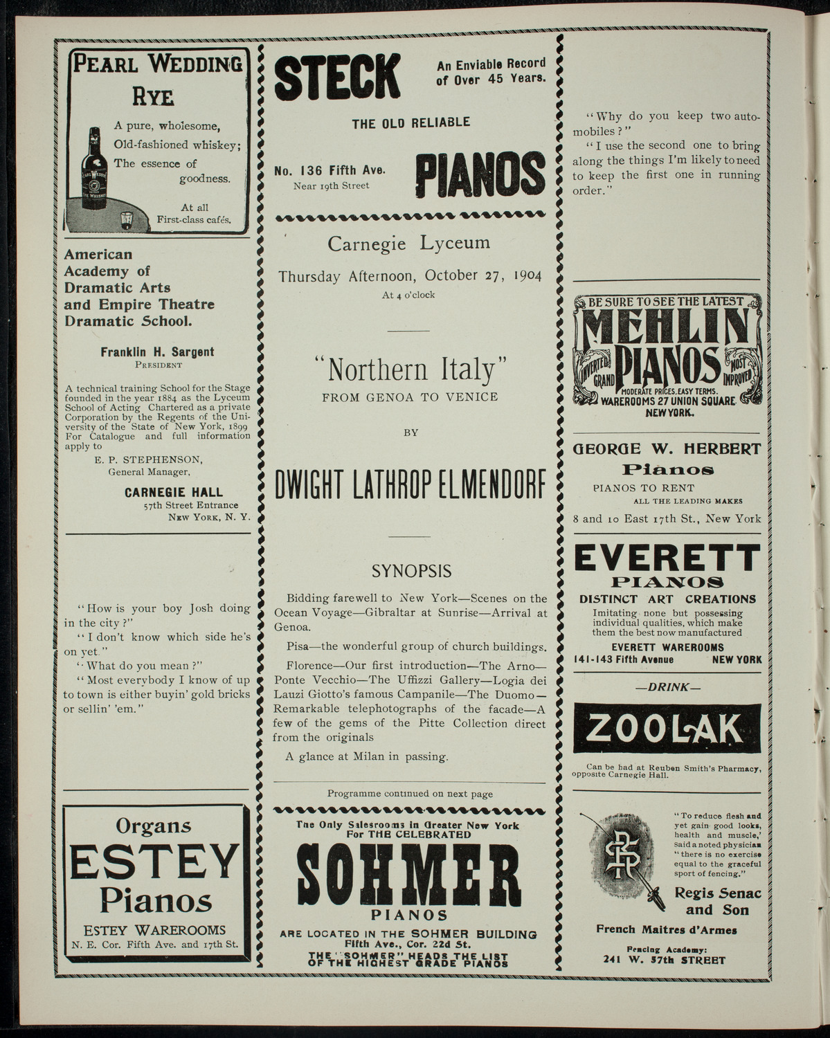 Elmendorf Lecture: Northern Italy from Genoa to Venice, October 27, 1904, program page 2