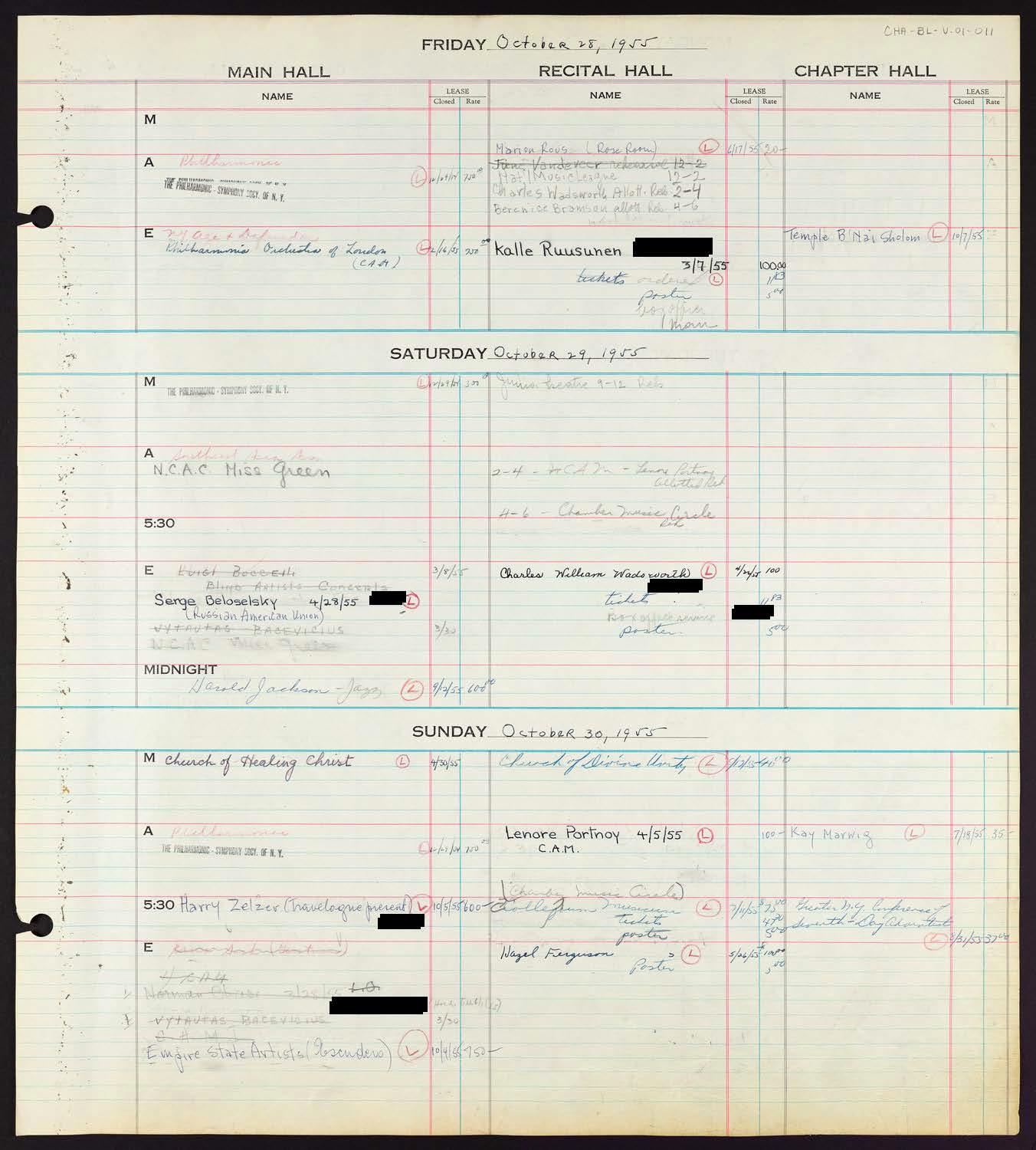 Carnegie Hall Booking Ledger, volume 1, page 11