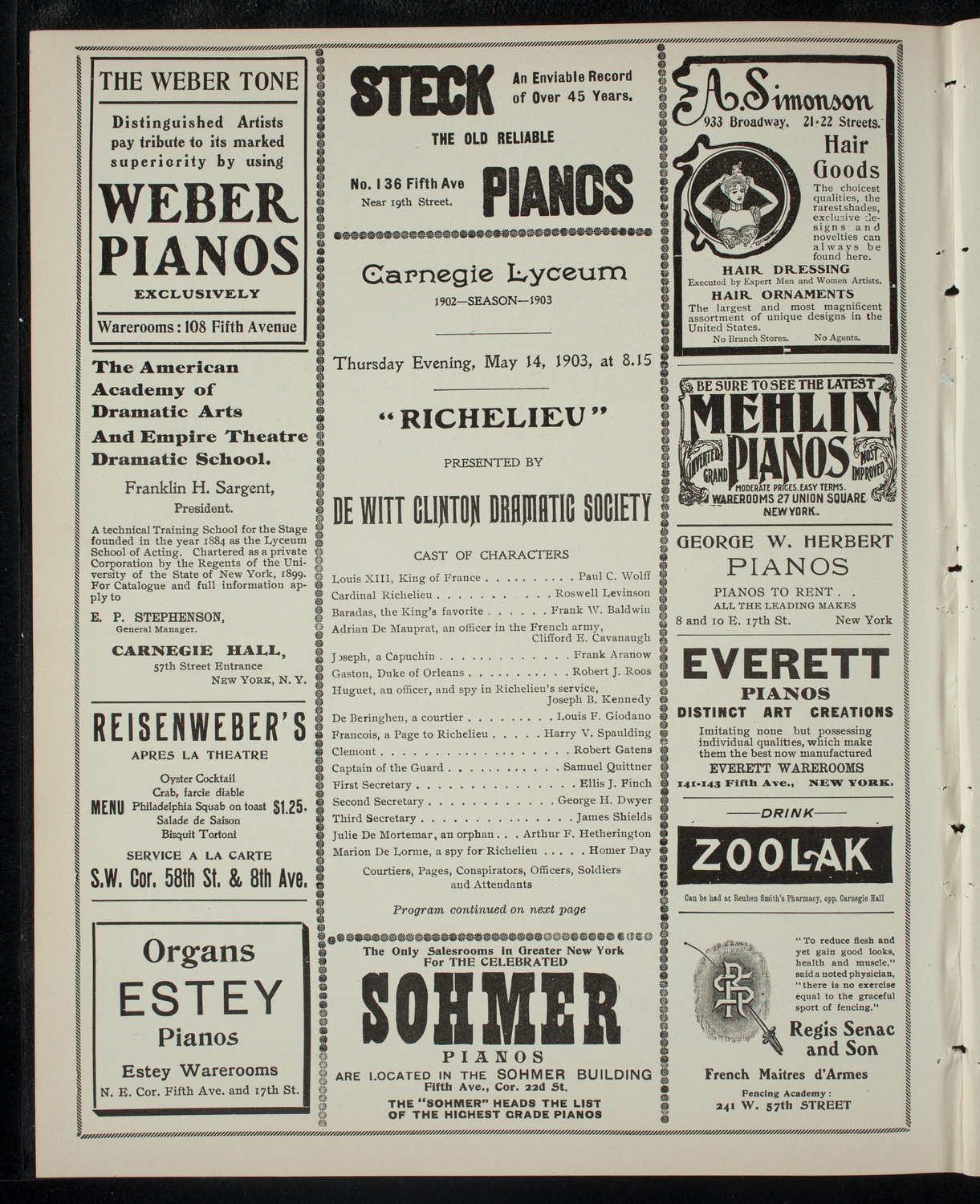 De Witt Clinton Dramatic Society, May 14, 1903, program page 2