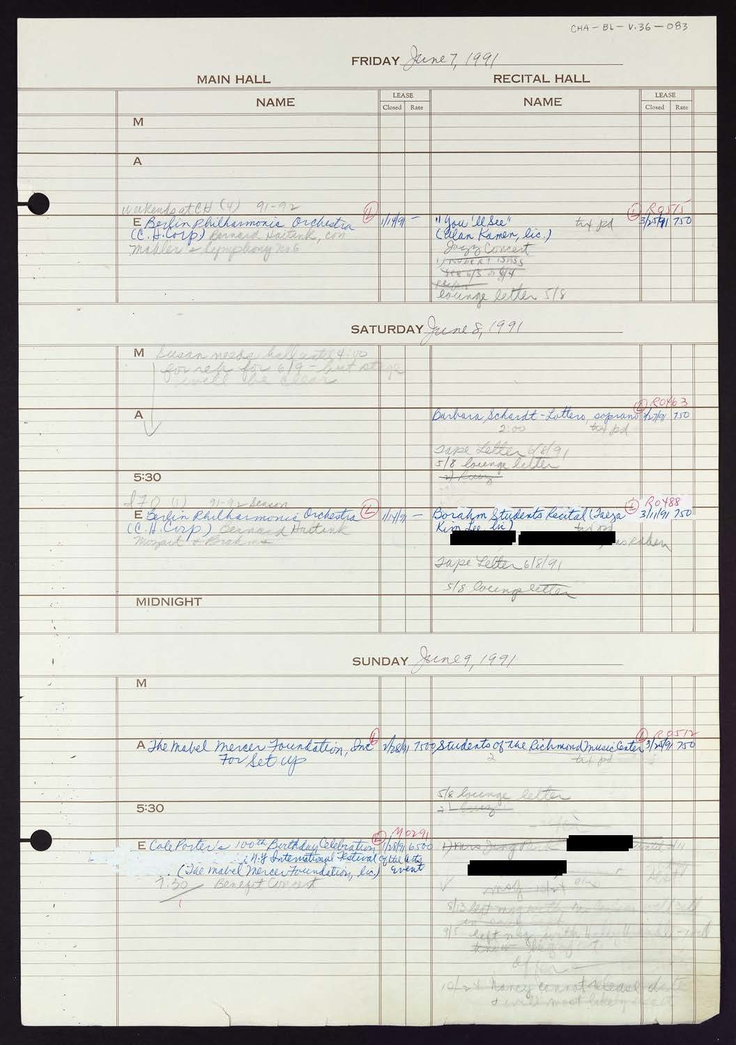 Carnegie Hall Booking Ledger, volume 36, page 83