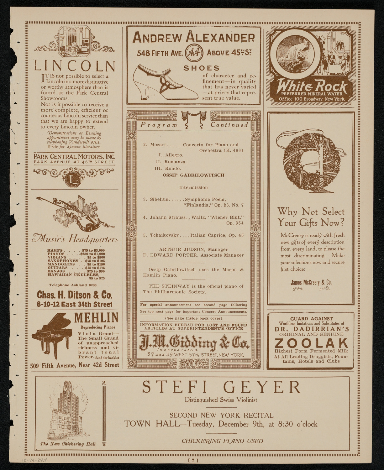 New York Philharmonic, December 7, 1924, program page 7