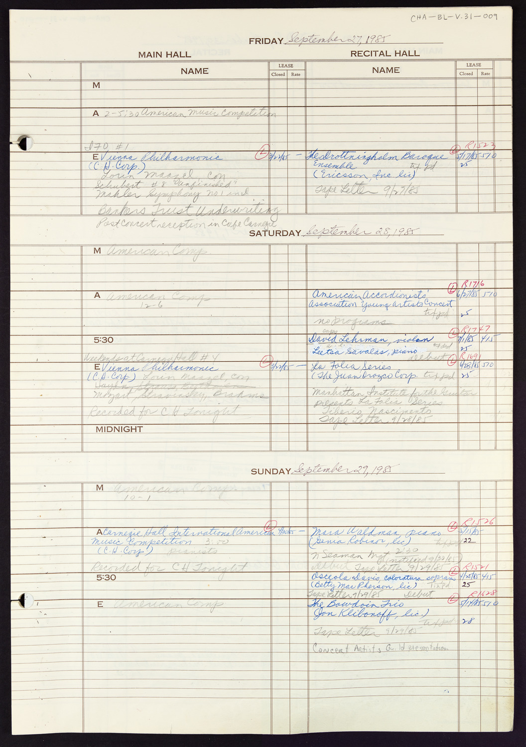 Carnegie Hall Booking Ledger, volume 31, page 9