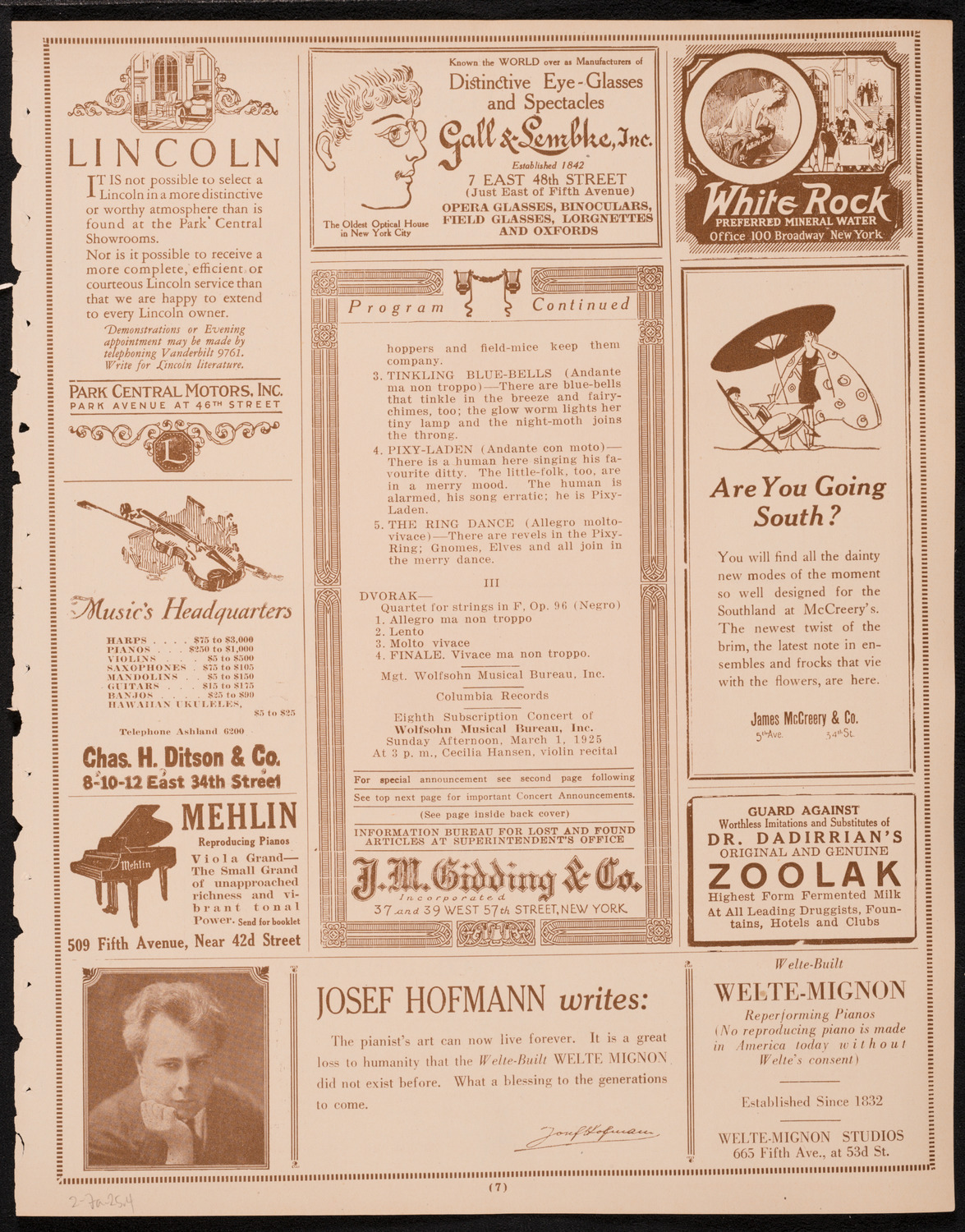 London String Quartet, February 7, 1925, program page 7