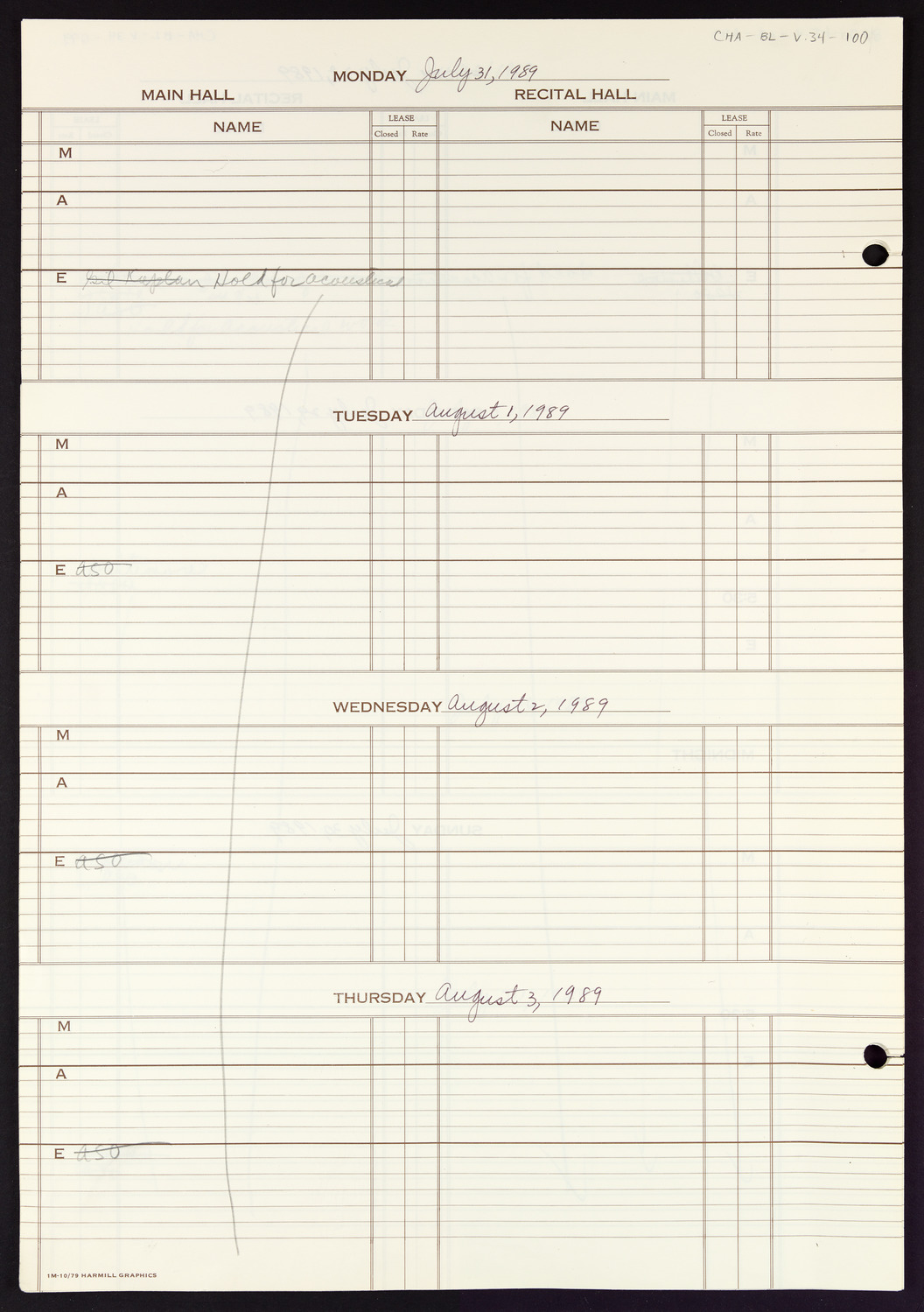 Carnegie Hall Booking Ledger, volume 34, page 100