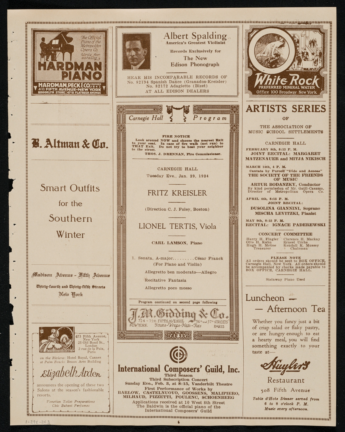 Fritz Kreisler, Violin, and Lionel Tertis, Viola, January 29, 1924, program page 5