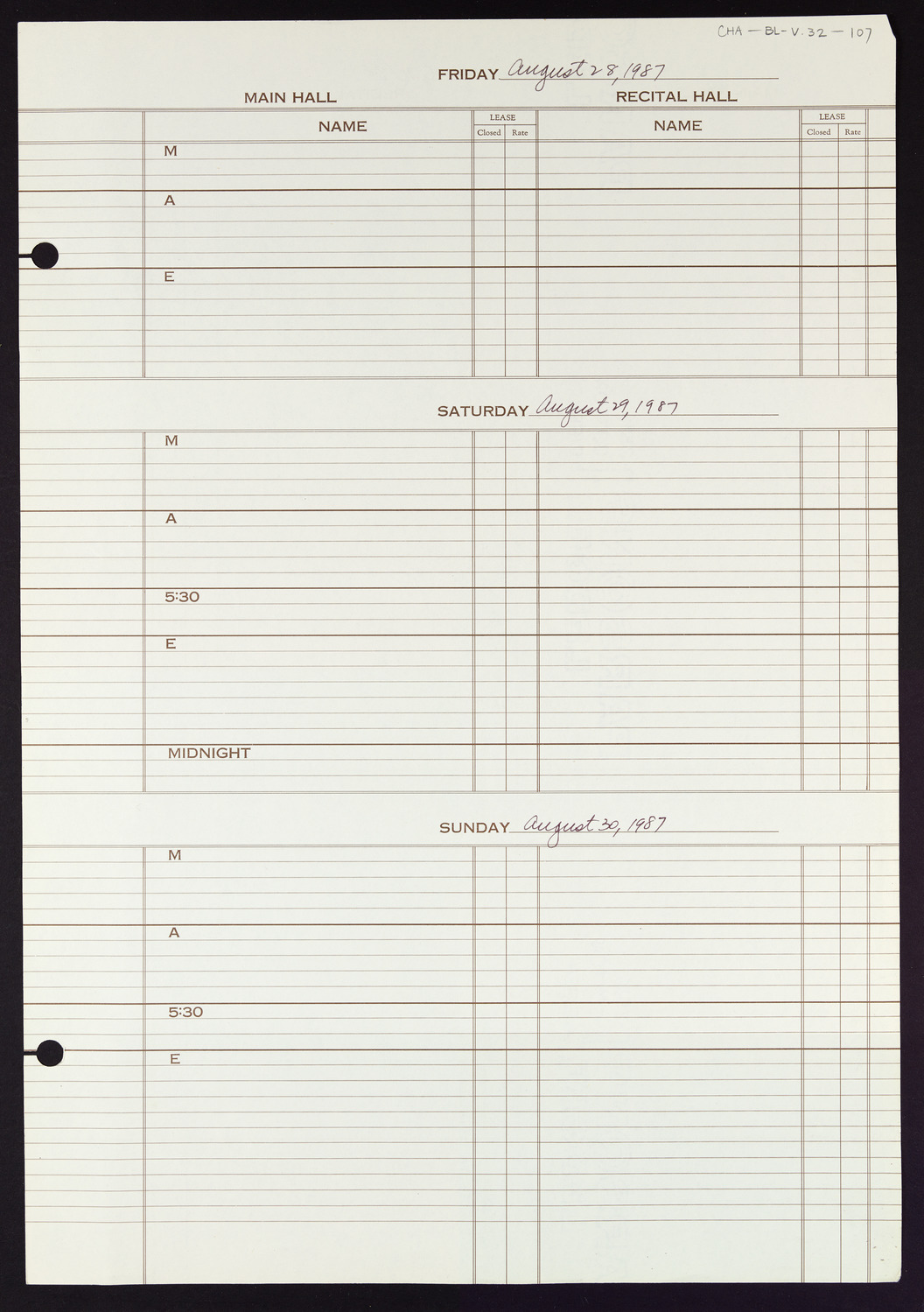 Carnegie Hall Booking Ledger, volume 32, page 107
