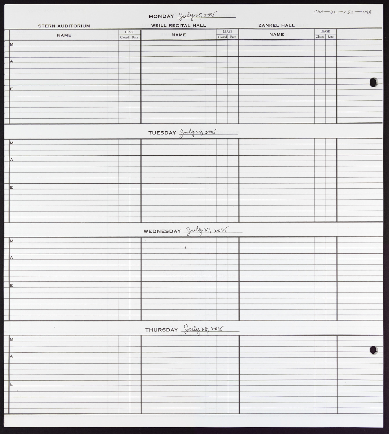 Carnegie Hall Booking Ledger, volume 50, page 98