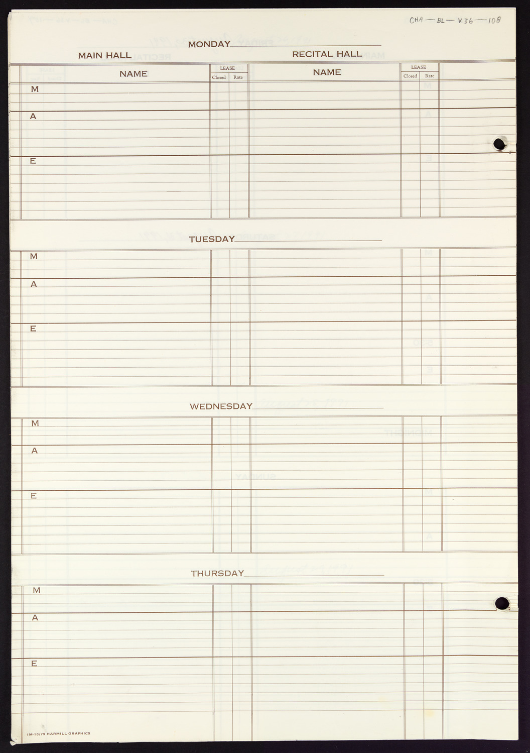 Carnegie Hall Booking Ledger, volume 36, page 108