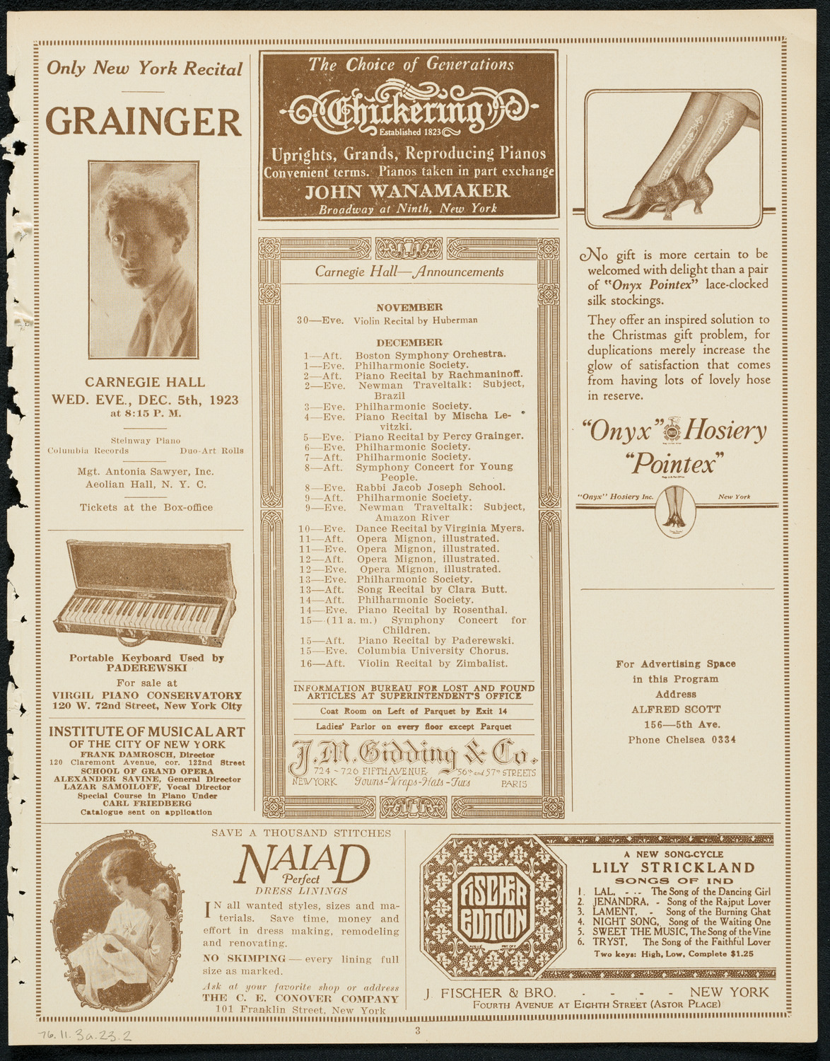 New York Philharmonic, November 30, 1923, program page 3