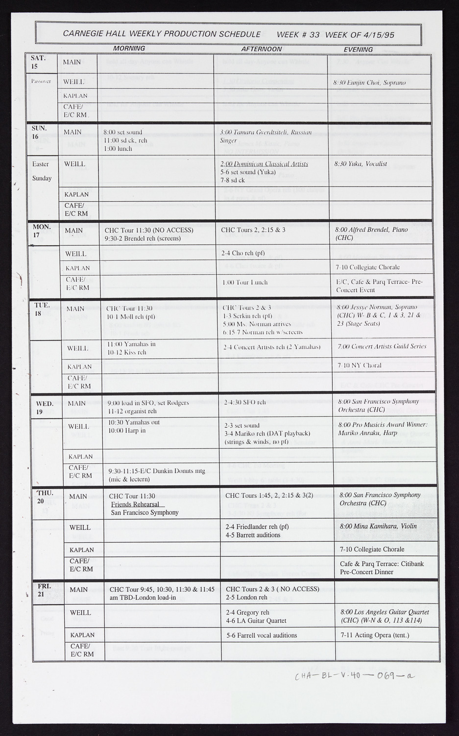 Carnegie Hall Booking Ledger, volume 40, page 69a