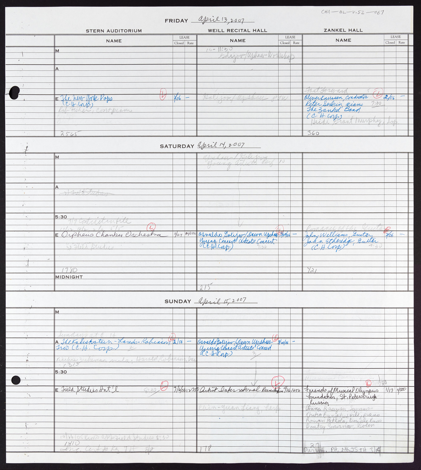 Carnegie Hall Booking Ledger, volume 52, page 67