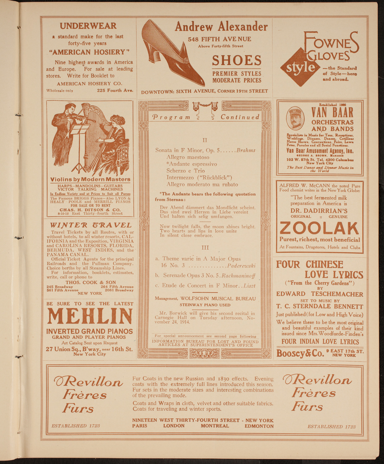 Leonard Borwick, Piano, November 5, 1914, program page 7