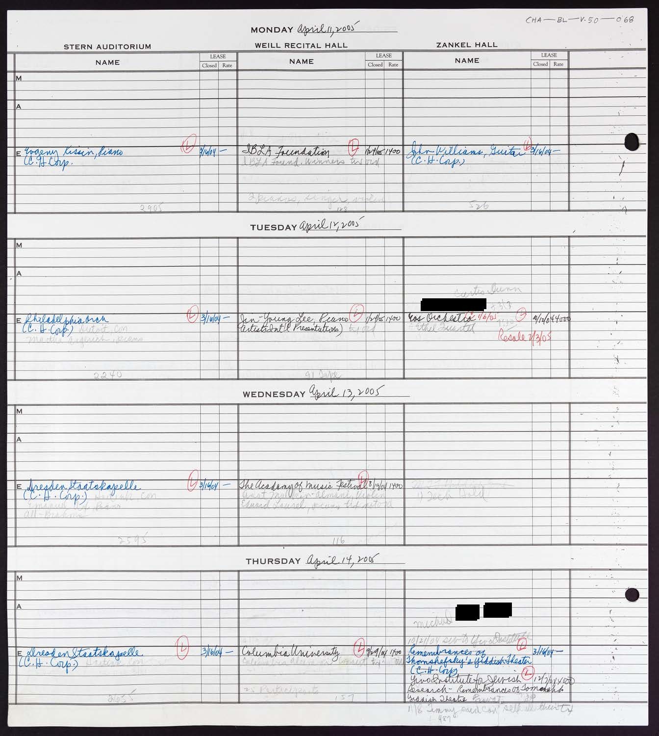 Carnegie Hall Booking Ledger, volume 50, page 68