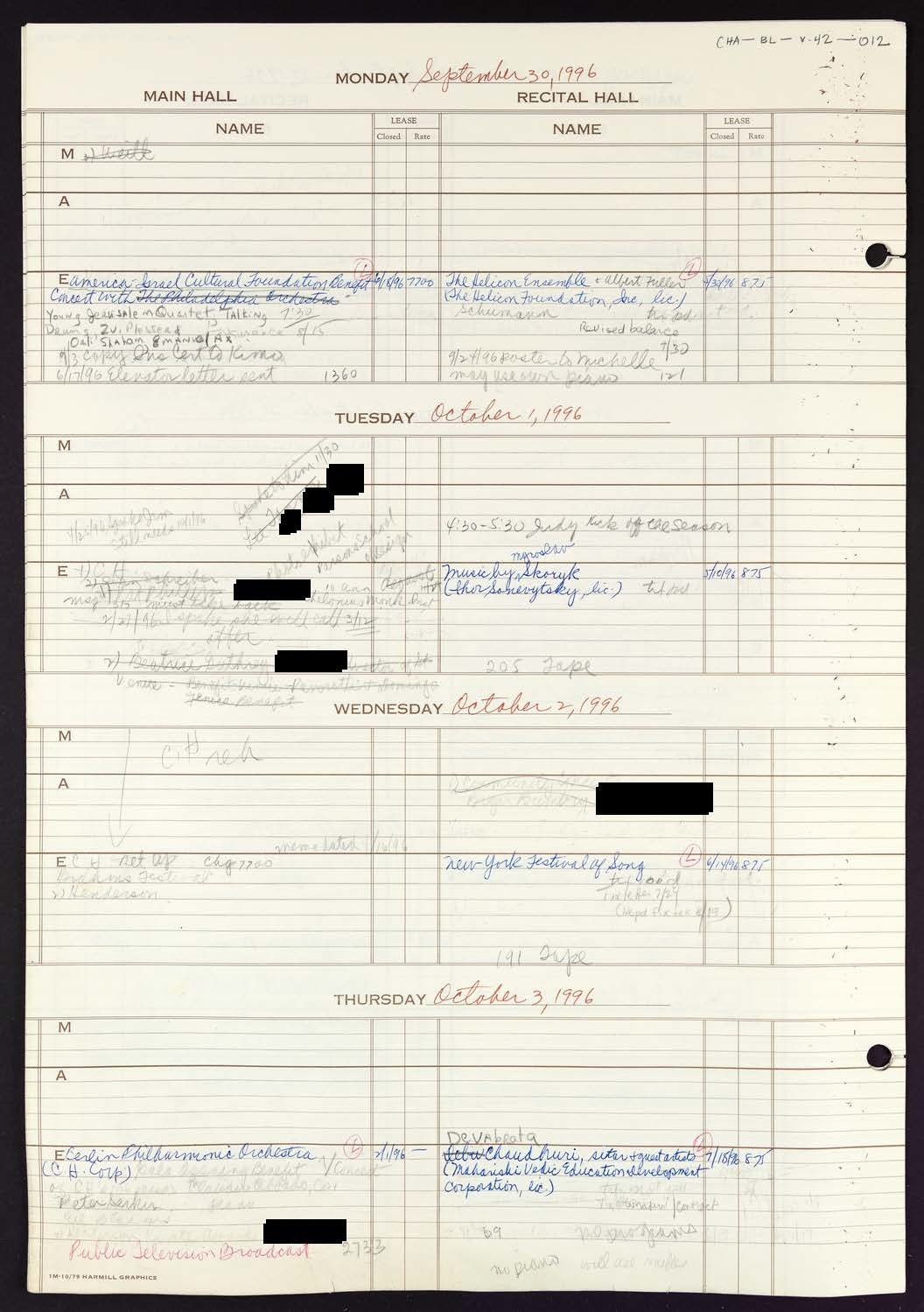 Carnegie Hall Booking Ledger, volume 42, page 12