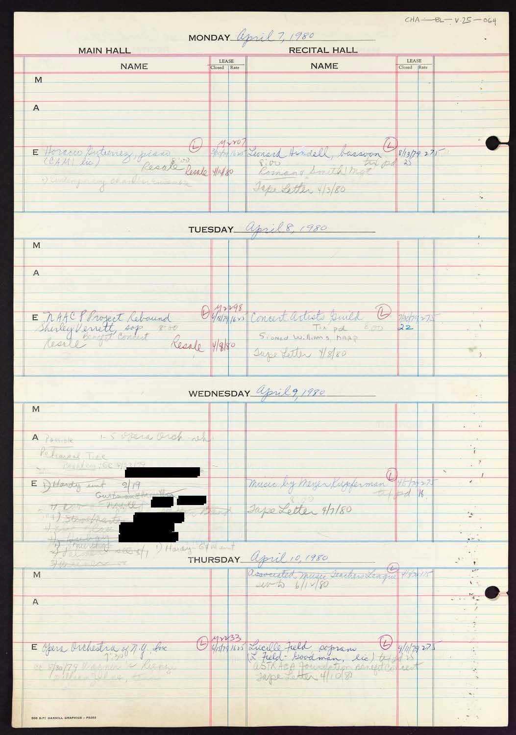 Carnegie Hall Booking Ledger, volume 25, page 64