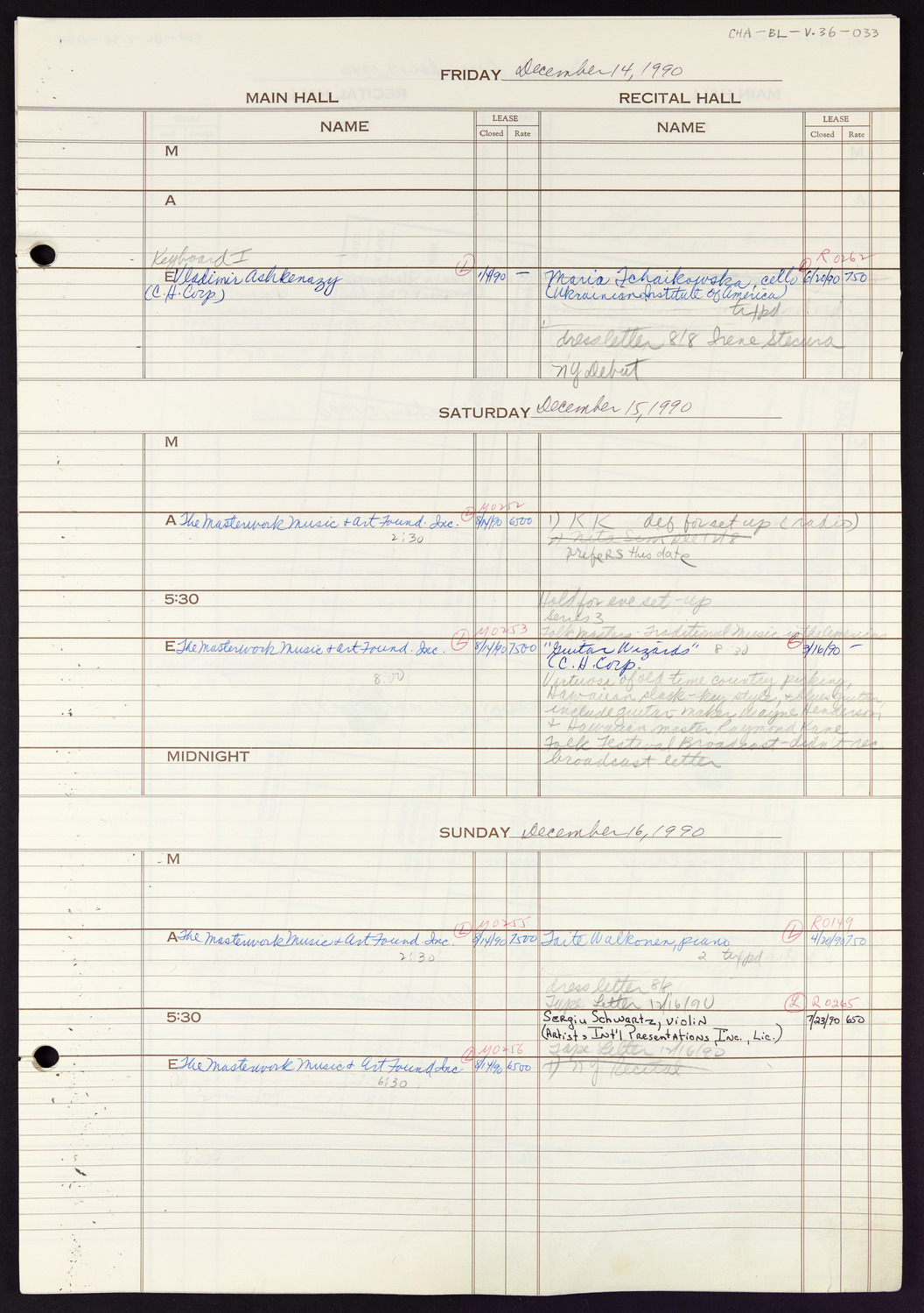 Carnegie Hall Booking Ledger, volume 36, page 33