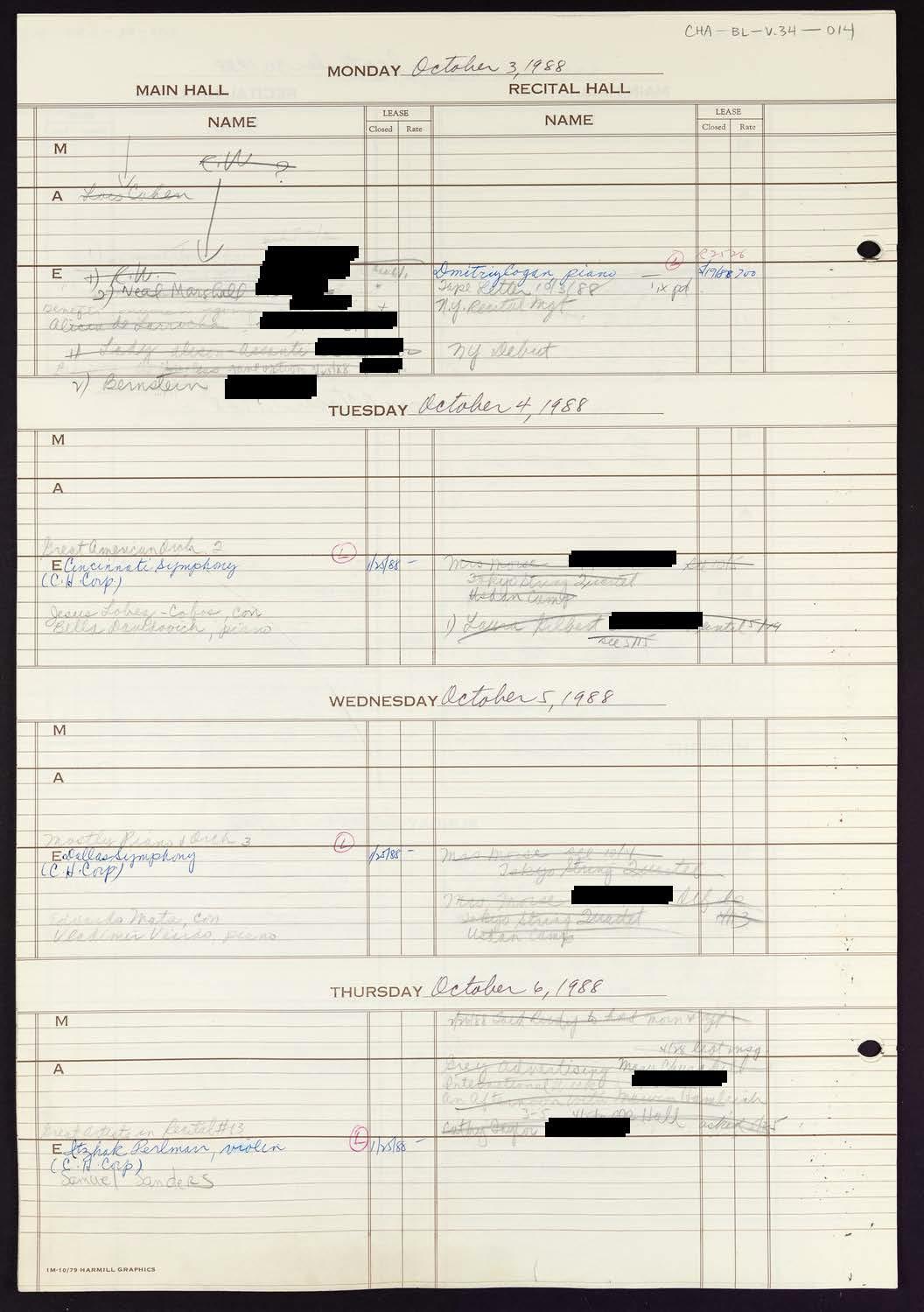 Carnegie Hall Booking Ledger, volume 34, page 14